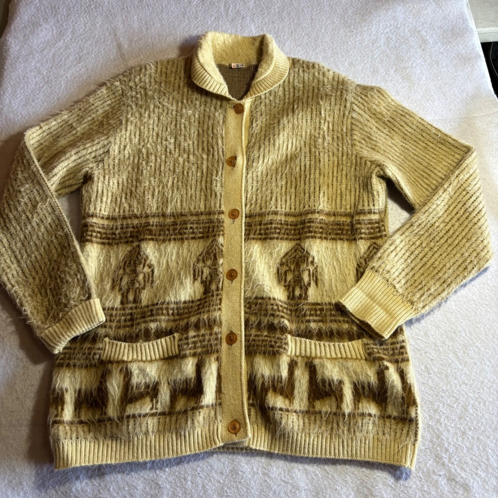 Vintage Ogniotex Llama Alpaca Wool Shaggy Fuzzy Cardigan Sweater XL Collar Brown